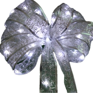 Silver LED Christmas ribbon bow with star and moon patterns for tree decoration