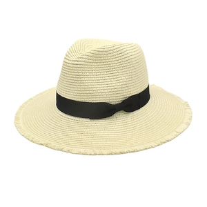 Chapeau Fedora En Paille Panama Avec Noeud Ruban Noir Bord Effiloché Large Bord Été Plage Protection Solaire