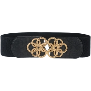 Women's black elastic wide belt featuring a gold floral metal buckle for dresses