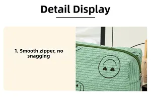 Detailed macro of smooth zipper closure on green corduroy makeup bag with smiley print