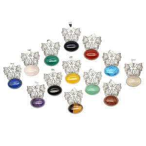 Thirteen silver butterfly pendants with colorful oval gemstones in various vibrant shades