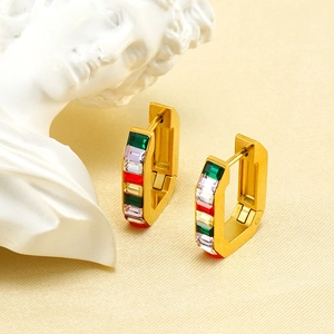 18K gold plated stainless steel hoop earrings with colorful square zircon stones