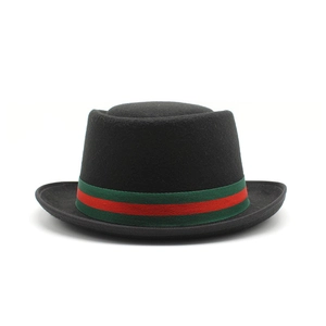 Classic black wool felt fedora with iconic red and green striped ribbon for men and women