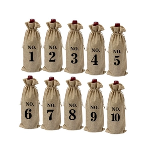 10-piece burlap wine gift bag set with numbered prints NO.1 to NO.10 and drawstrings