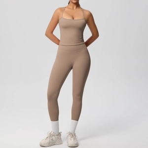 Mocha brown high-waist yoga set with slim-fit tank top and lift leggings