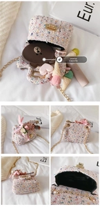 Detailed interior view of pink tweed mini crossbody bag with cute floral rabbit ear decor