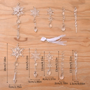 Detailed size specifications for transparent acrylic snowflake and icicle ornaments