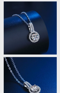 Macro shot of 2 carat moissanite halo pendant necklace with brilliant cut stones