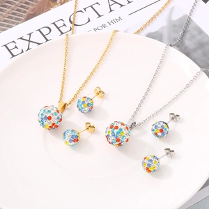 Titanium steel jewelry set with colorful rhinestone pave spheres in gold and silver finish