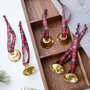 Set of 6 gold Christmas bells with red and green tartan ribbons for festive tree hanging