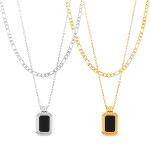 Double-layer stainless steel necklace featuring a geometric acrylic pendant in gold and silver