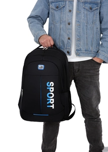 Close-up of black Oxford backpack with white Sport text and blue accent held by hand