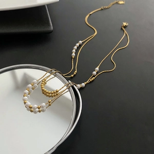 Double Layer Stainless Steel Necklace With Faux Artificial Pearl And Metal Beads Elegant Stackable Clavicle Chain For Women