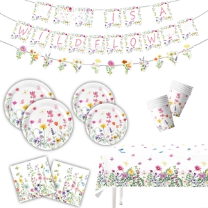 Wildflower party tableware set with banner, paper plates, cups and floral napkins