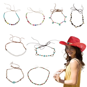 Detailed grid of bohemian beaded necklaces with shells and turquoise on a model