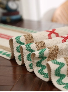 Detail of woven table runner showing thick cotton linen texture and geometric patterns