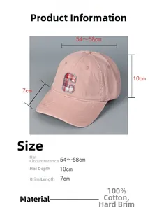 Size chart showing 100% cotton washed pink baseball cap dimensions and C-letter embroidery