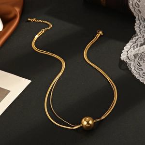 Minimalist double layer gold plated titanium steel snake chain with round sphere pendant