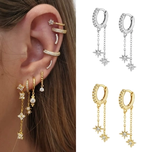 Star Dangle Huggie Hoop Earrings Copper Gold Plated Cubic Zirconia Tassel Hexagram Elegant Jewelry For Women