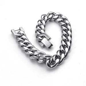 Polished silver stainless steel Cuban link bracelet for men with heavy duty box clasp