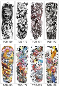 Various full arm temporary tattoo designs including lions, wolves, and floral patterns