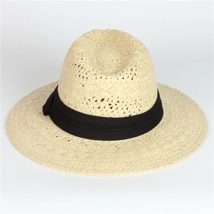 British style wide brim panama straw hat for women with elegant black ribbon band