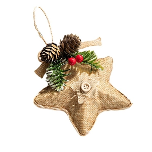 Linen Christmas star ornament with natural pine cones, needles and berries for decor