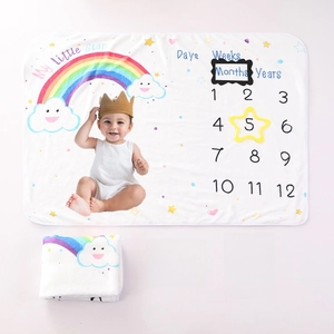Detail der Baby-Meilenstein-Flanell-Decke mit Regenbogen-Motiv und Markierungsrahmen