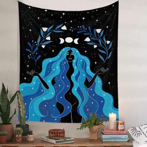 Detailed Bohemian tapestry showing celestial goddess with moon phases on a white wall