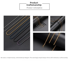 Detailed macro view of multi-colored box chain necklaces with lobster clasp closures