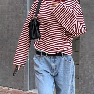 Women Long Sleeve Striped T-Shirt Polyester Round Neck Casual Loose Streetwear Pullover Fashion Top For Lady