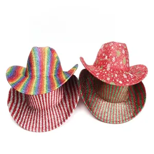 Detail view of four Christmas cowboy hats featuring festive stripes and snowflake patterns