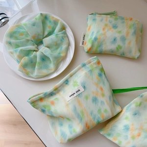 Mint green watercolor tie-dye chiffon fabric storage bag and matching scrunchie set