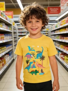 Maglietta da Bambino a Maniche Corte in Cotone Traspirante Stampa Dinosauro Cartone Animato Giallo Girocollo
