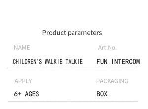 Detailed English specification table for children's walkie talkie with product parameters