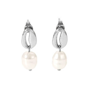 Silver stainless steel shell earrings featuring a round pearl drop on a clean background
