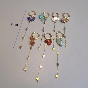 Set of seven bohemian stainless steel hoop earrings with colorful natural stones and chains
