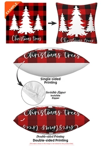 Detail of red and black plaid Christmas tree pillowcase with invisible zipper closure