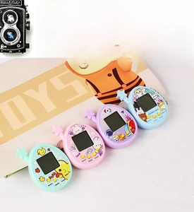 Detailed view of mini virtual pet machines in blue, pink, purple, and mint green colors