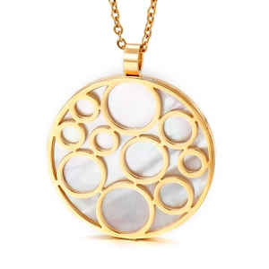 Fashionable hollow gold-plated titanium pendant with white mother-of-pearl circular inlay