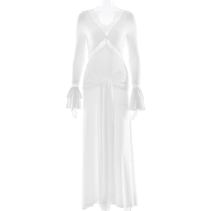 French style white V-neck long sleeve dress with lace details and waist tie