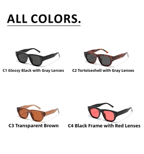 Four color variants of square sunglasses featuring metal rivets on black and tortoiseshell frames