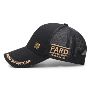 Black mesh baseball cap with gold metal plate and FARD SPORTCAP embroidery detail