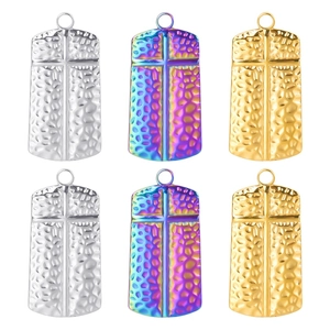 Cross Pendant Necklace Hammered Texture Rectangle Stainless Steel Tag Electroplated Jewelry For Men Women