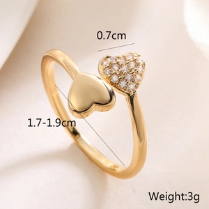 18K gold plated heart leaf open ring with zircon stones shown with size and weight specs