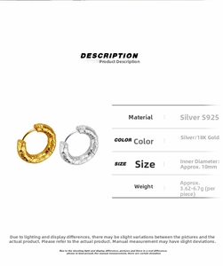 Detail view of S925 sterling silver hoop earrings with irregular hammered texture and gold finish