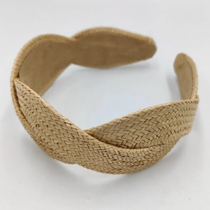 Handmade woven raffia headband in natural khaki, stylish wide-brimmed braided hair hoop