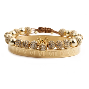 Crown Charm Bracelet And Roman Numeral Bangle Gold Tone Copper Stainless Steel Zircon Inlaid Adjustable Jewelry