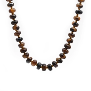 Natural natural tiger eye stone beaded necklace with knotted string on white background