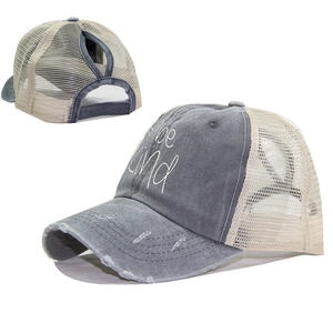 Washed dark grey baseball cap with Be Kind embroidery and mesh back ponytail hole